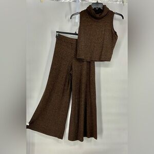 NWT CASHMERE Brown Sleeveless Turtleneck 2 pc Flare Wide Leg Jumpsuit M